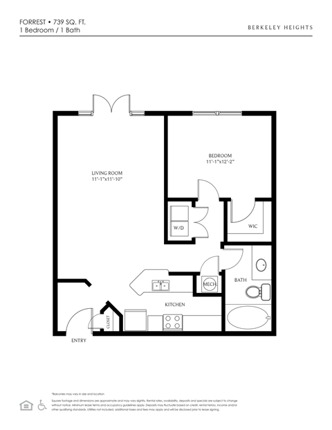 Floor plan for 1 bed, 1 bath, 739 sqft